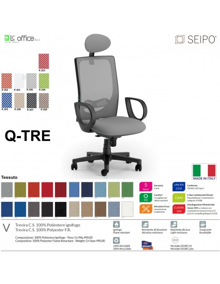 Q-TRE Q0043 Poltrona schienale alto in rete braccioli e pogiatesta Movimento sincronizzato "Z" SEIPO TESSUTO V
