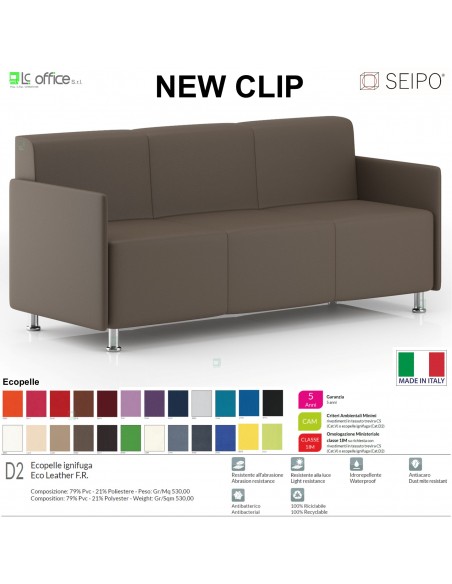 NEWCLIP N00013 Divano 3 posti imbottito Piedini autolivellanti SEIPO ECOPELLE D2