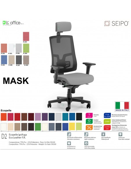 MASK MESH TIPO 1 MK0002 Poltrona schienale alto in rete braccioli e poggiatesta Movimento sincronizzato "R4" SEIPO ECOPELLE D2