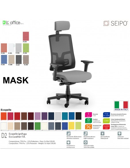 MASK MESH TIPO 1 MK0003 Poltrona schienale alto in rete braccioli e poggiatesta Movimento sincronizzato "R6" SEIPO ECOPELLE D2