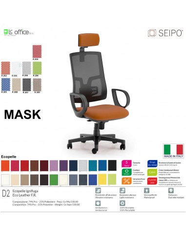 MASK MESH TIPO 1 MK0012 Poltrona schienale alto in rete braccioli e poggiatesta Movimento sincronizzato "R4" SEIPO ECOPELLE D2