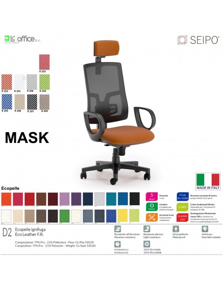 MASK MESH TIPO 1 MK0012 Poltrona schienale alto in rete braccioli e poggiatesta Movimento sincronizzato "R4" SEIPO ECOPELLE D2