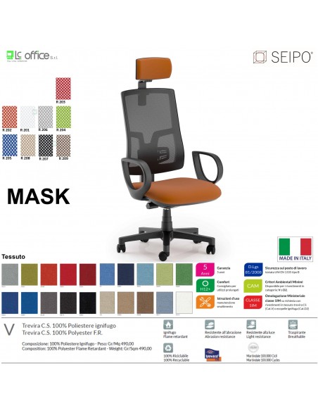 MASK MESH TIPO 2 MK0013 Poltrona schienale alto in rete braccioli e poggiatesta Movimento sincronizzato "R6" SEIPO TESSUTO V