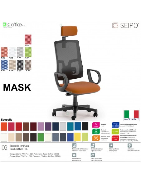 MASK MESH TIPO 2 MK0013 Poltrona schienale alto in rete braccioli e poggiatesta Movimento sincronizzato "R6" SEIPO ECOPELLE D2