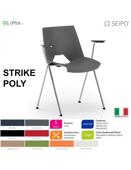 STRIKE POLY SP0011C Sedia IMPILABILE 4 gambe in acciaio cromato schienale seduta monoscocca in polypropylene braccioli SEIPO