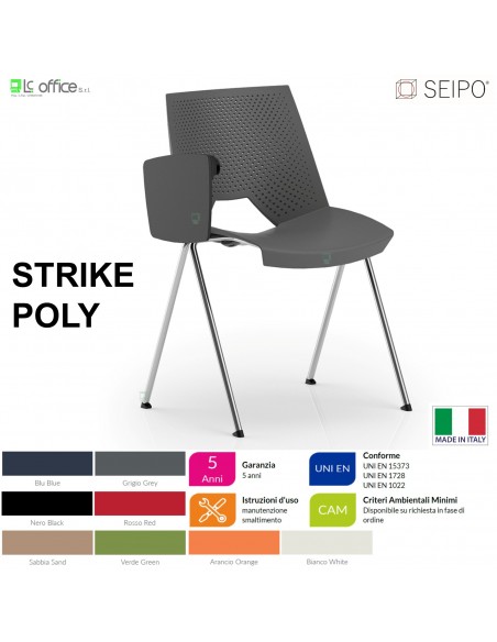 STRIKE POLY SP0011C Sedia IMPILABILE 4 gambe acciaio cromato seduta monoscocca in polypropylene bracciolo tavoletta SEIPO