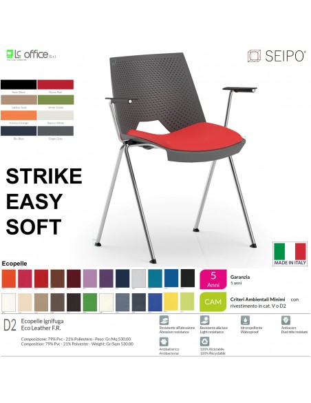 STRIKE SOFT SE0011C Sedia IMPILABILE 4 gambe acciaio cromato monoscocca sedile imbottito braccioli SEIPO ECOPELLE D2