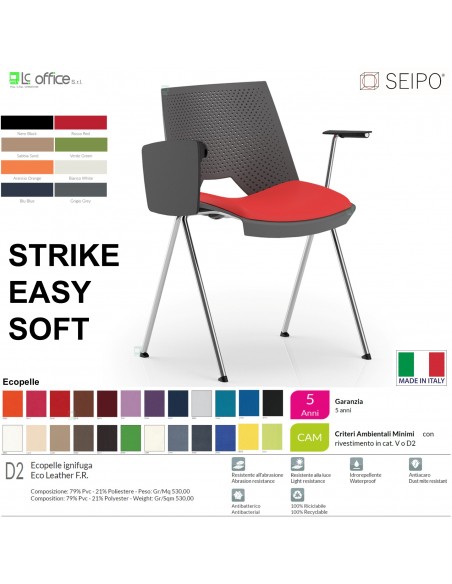 STRIKE SOFT SE0013C Sedia IMPILABILE 4 gambe acciaio cromato monoscocca sedile imbottito braccioli e tavoletta SEIPO ECOPELLE D2
