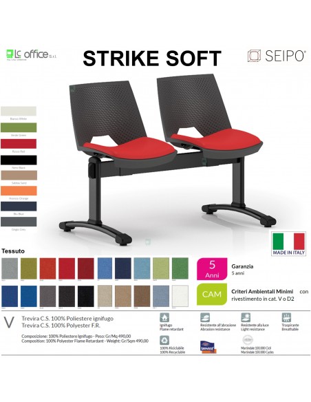 STRIKE SOFT SE0021N Panca 2 posti struttura verniciata nera monoscocca polypropylene seduta imbottita SEIPO TESSUTO V