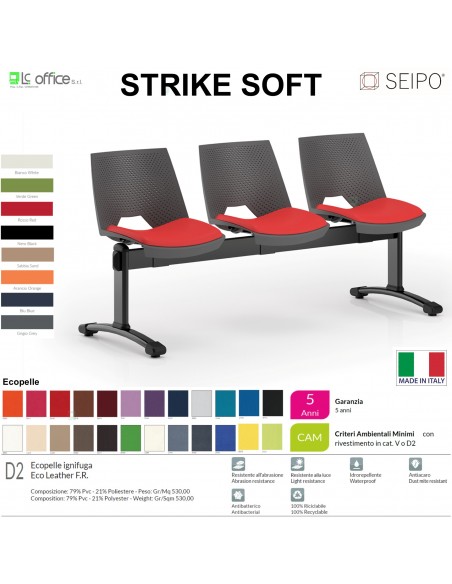 STRIKE SOFT SE0022N Panca 3 posti struttura verniciata nera monoscocca polypropylene seduta imbottita SEIPO ECOPELLE D2