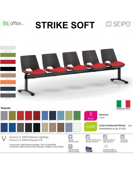 STRIKE SOFT SE0024N Panca 5 posti struttura verniciata nera monoscocca polypropylene seduta imbottita SEIPO TESSUTO V