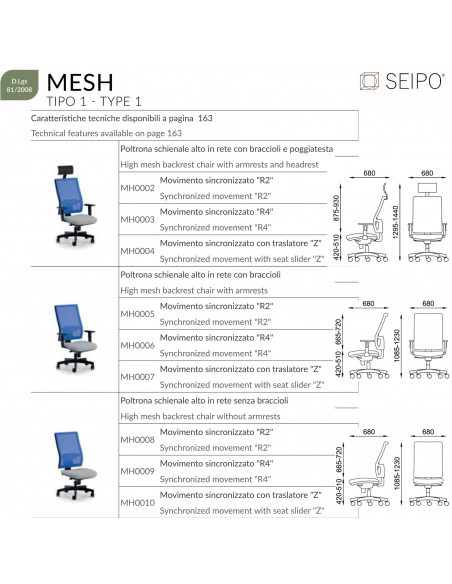 CATALOGO MISURE MODELLI MESH SEIPO TIPO 1