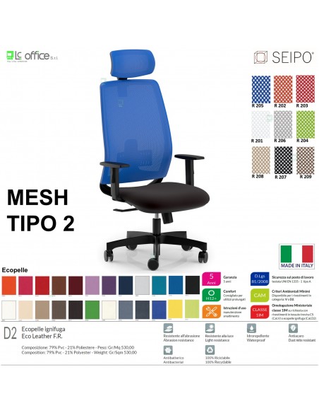 MESH TIPO 2 MH0013 Poltrona schienale alto in rete braccioli e poggiatesta Movimento sincronizzato "R2" SEIPO ECOPELLE D2