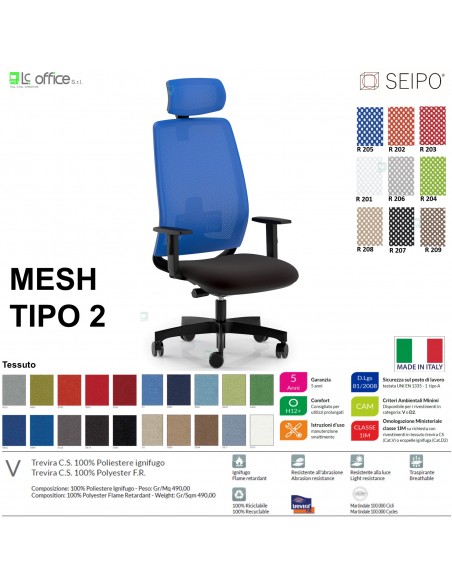 MESH TIPO 2 MH0015 Poltrona schienale alto in rete braccioli e poggiatesta Movimento sincro traslatore "Z" SEIPO TESSUTO V