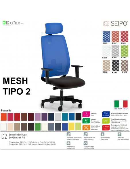 MESH TIPO 2 MH0015 Poltrona schienale alto in rete braccioli e poggiatesta Movimento sincro traslatore "Z" SEIPO ECOPELLE D2