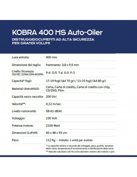 Distruggi Documenti Kobra 400 HS Auto olier SCHEDA TECNICA