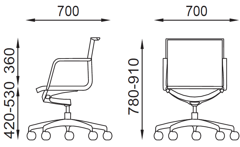 misure ALUMINIUM AL05 Poltrona operativa rivestimento in rete braccioli fissi movimento ‘BC’ Seipo