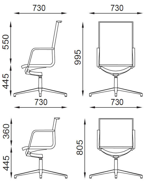 Misure ALUMINIUM AL10 Poltrona in rete semi direzionale braccioli girevole base 4 razze Seipo