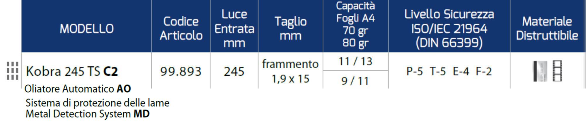 Distruggi Documenti Kobra 245 TS C2 AO MD